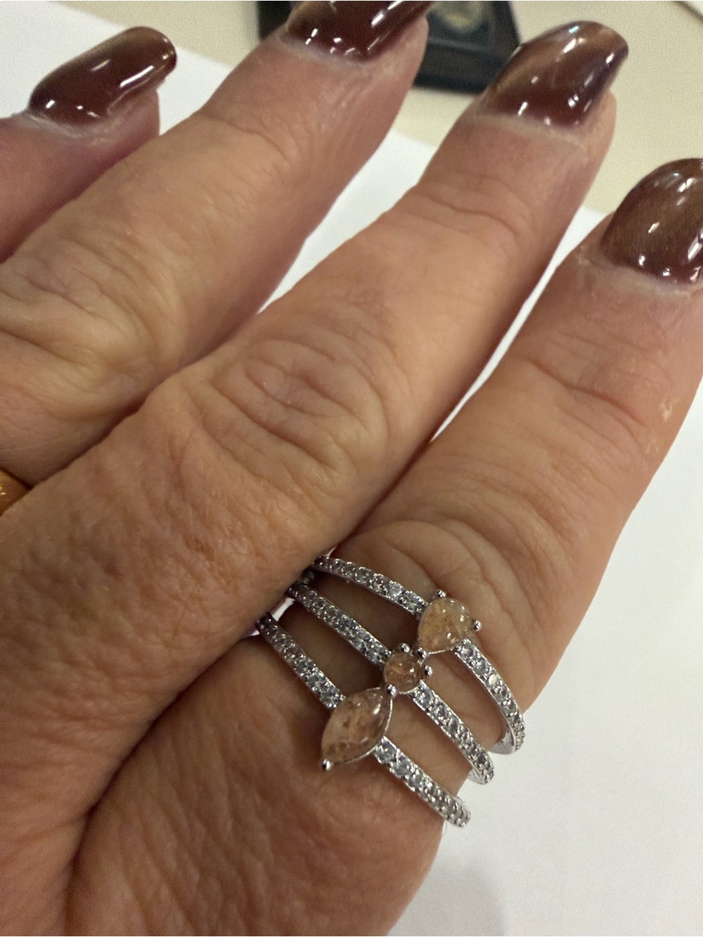 Bomb Party Triple-Band Women's Ring with light pink Stones in Silver Tone, sz 9